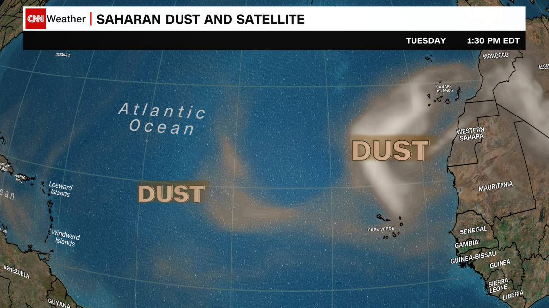 A plume of dust impacts part of the Atlantic Ocean on Tuesday afternoon.