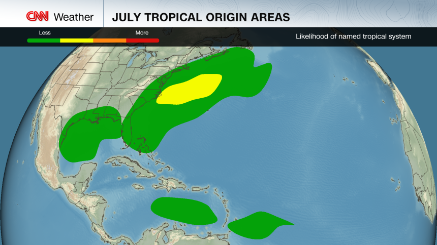 Regions where tropical cyclones usually form in July.
