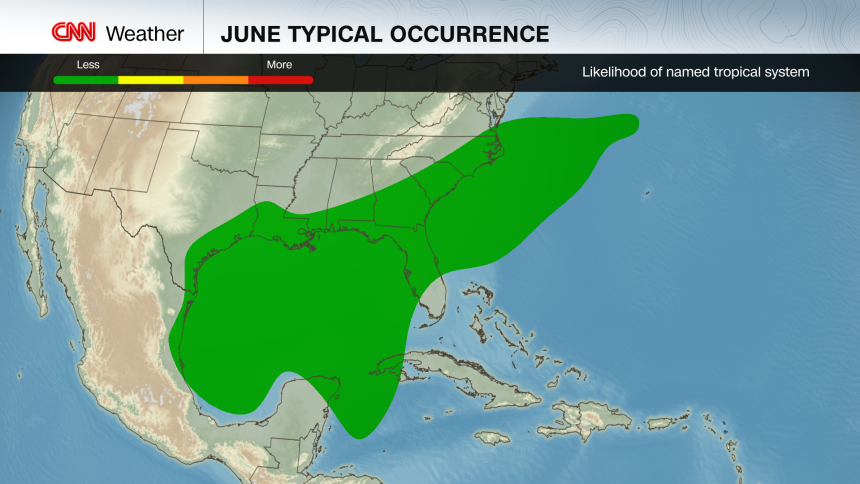 The green area is where most tropical systems originate on the front end of Atlantic hurricane season.