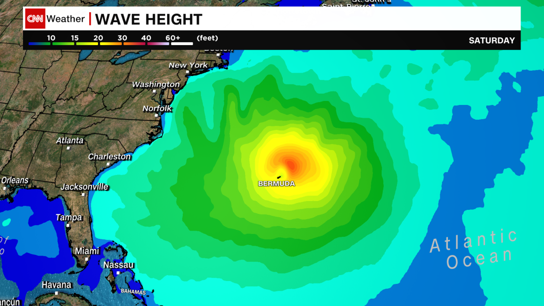 A model forecast shows Ernesto could produce large of waves this weekend. A snapshot of Saturday is shown.