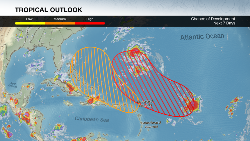 The National Hurricane Center has outlooked two areas to watch for tropical development in the coming days as Gabrielle churns east of Bermuda Monday morning.