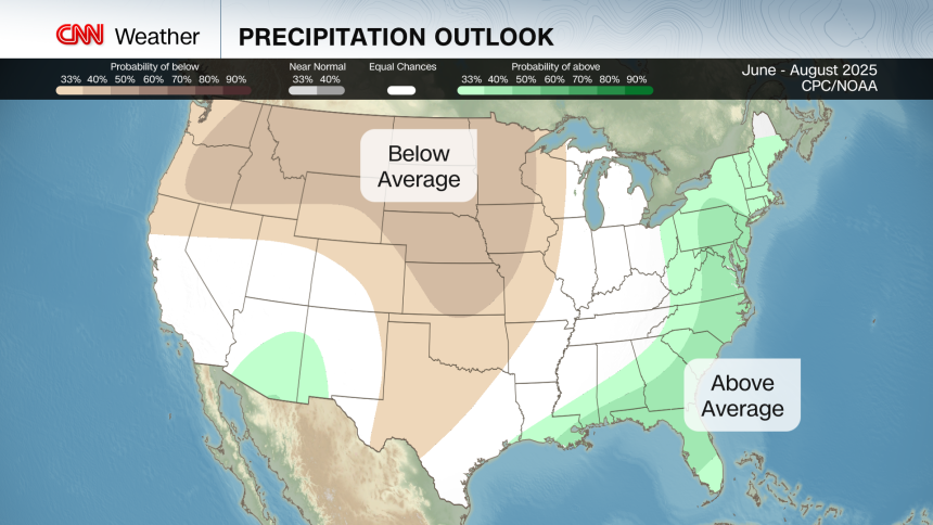 A drier than normal summer is expected in parts of the western and central US with wetter conditions in the East.