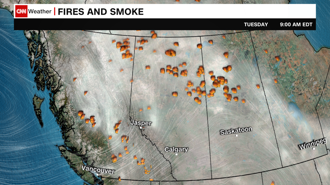 Hundreds of wildfires in Canada's British Columbia, Alberta and Saskatchewan provinces are producing widespread plumes of smoke at the surface and higher in the atmosphere.