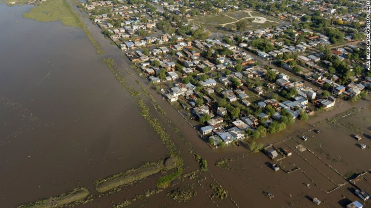 An aerial view shows a flooded area on the outskirts of La Plata on April 3. Thousands of residents have evacuated due to the rain, officials said.