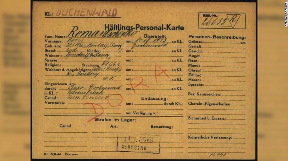 El registro de Romanchenko en el campo de concentración de Buchenwald.