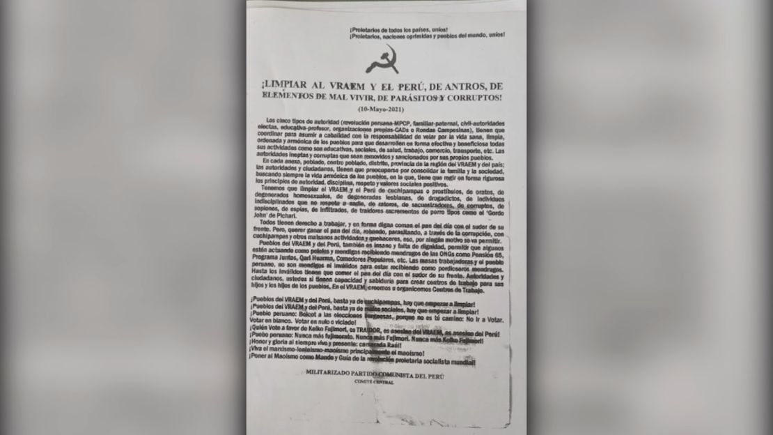 Panfleto de Sendero Luminoso en mayo de 2021 en la masacre de 16 personas en la zona del Vraem.