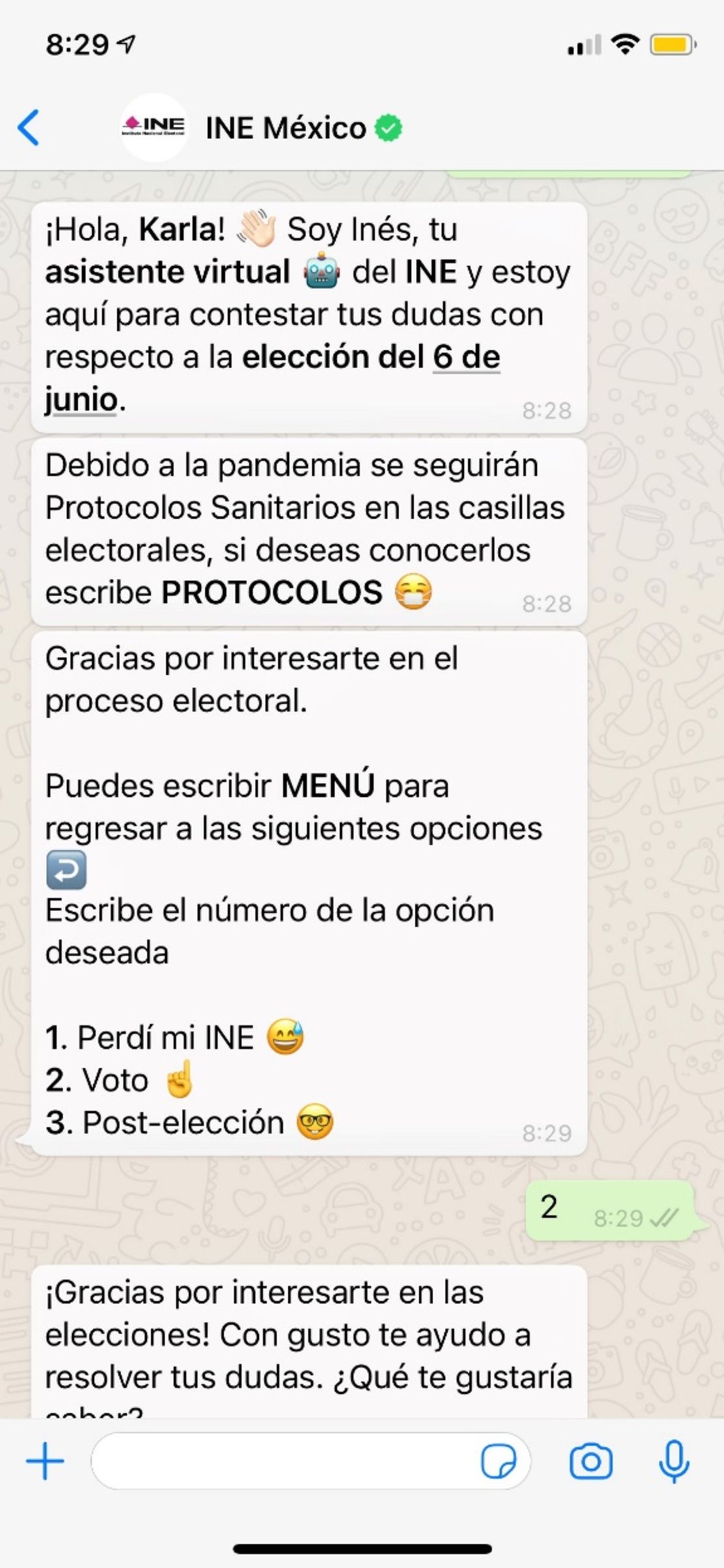 Portada del chatbot del INE para las elecciones intermedias 2021