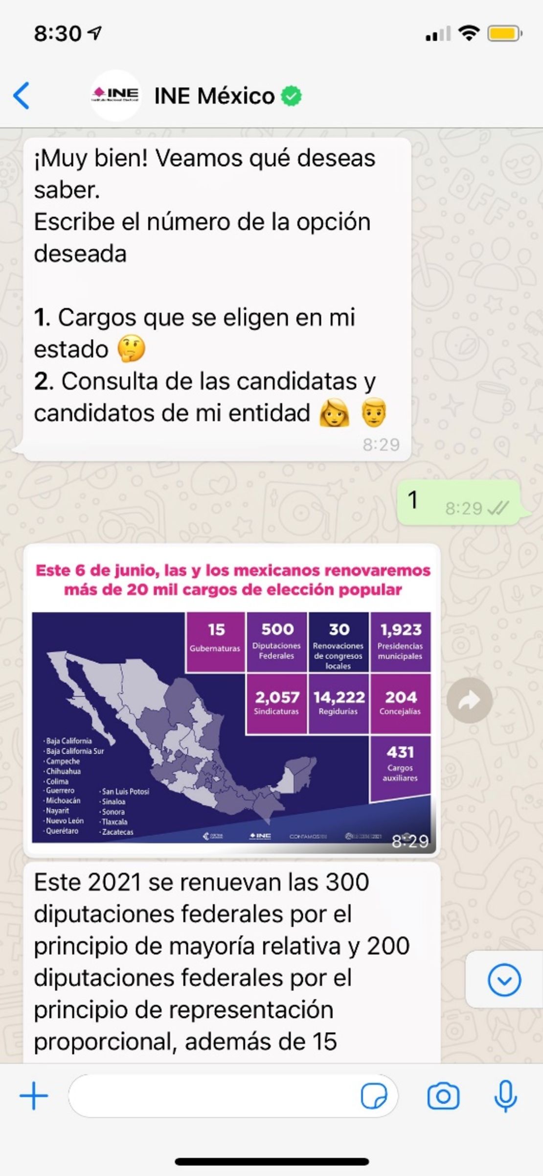 Ejemplo de una consulta al chatbot del INE.