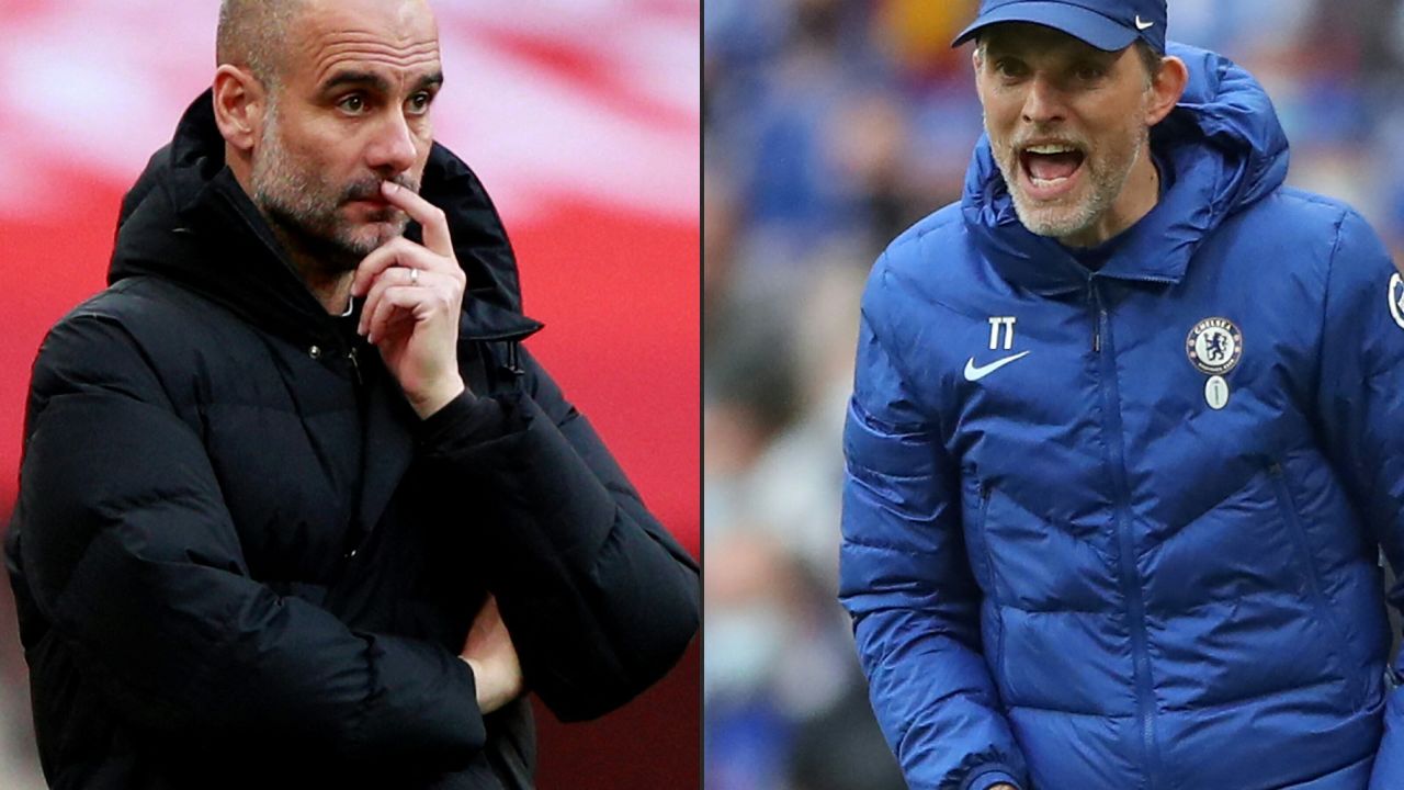 (COMBO) This combination of pictures created on May 24, 2021 shows
Manchester City's Spanish manager Pep Guardiola (L) during the English FA Cup semi-final football match between Chelsea and Manchester City at Wembley Stadium in north west London on April 17, 2021, and Chelsea's German head coach Thomas Tuchel during the English FA Cup final football match between Chelsea and Leicester City at Wembley Stadium in north west London on May 15, 2021. - Pep Guardiola's City are seeking their first Champions League title in Porto on May 29, 2021, while Thomas Tuchel's Chelsea are aiming to become European champions for the second time in their history. - NOT FOR MARKETING OR ADVERTISING USE / RESTRICTED TO EDITORIAL USE 
NOT FOR MARKETING OR ADVERTISING USE / RESTRICTED TO EDITORIAL USE (Photos by Ian Walton and Nick Potts / POOL / AFP) / NOT FOR MARKETING OR ADVERTISING USE / RESTRICTED TO EDITORIAL USE 
NOT FOR MARKETING OR ADVERTISING USE / RESTRICTED TO EDITORIAL USE / NOT FOR MARKETING OR ADVERTISING USE / RESTRICTED TO EDITORIAL USE 
NOT FOR MARKETING OR ADVERTISING USE / RESTRICTED TO EDITORIAL USE