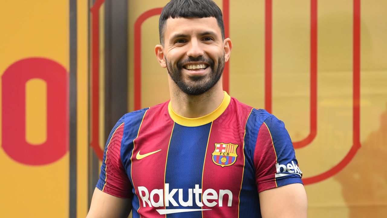 BARCELONA, SPAIN - MAY 31: Sergio Aguero reacts as he is presented as a Barcelona player at the Camp Nou Stadium on May 31, 2021 in Barcelona, Spain.