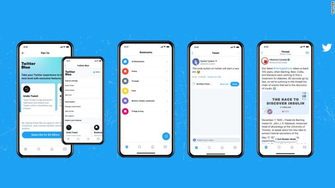 Así se ve Twitter Blue, incluidas las características Carpetas de marcadores, Deshacer tuit y Modo lector.