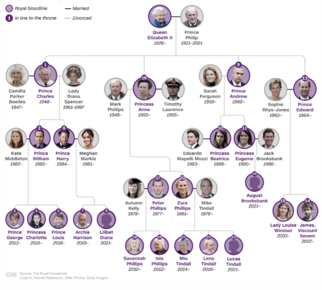 En este gráfico puedes ver el árbol de sucesión al trono de la familia real británica. En fondo violeta y con números están identificados quienes se encuentran en la fila para ocupar el trono. Lilibet Diana está en el octavo lugar.