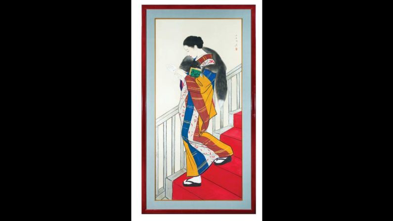 "Kaidan" ("Escalera") de Kobayakawa Kiyoshi, representa a una mujer japonesa de moda de principios del siglo XX. Sus guantes y su bufanda de piel sugieren una influencia europea.