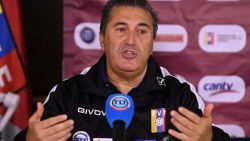 Venezuela's team coach, Portuguese Jose Peseiro (L) speaks during a press conference in Caracas on May 31, 2021, ahead of their FIFA World Cup Qatar 2022 qualifier matches against Bolivia and Uruguay. (Photo by Yuri CORTEZ / AFP)