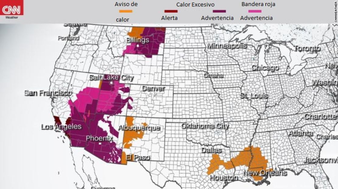 "Las advertencias/alertas de calor excesivo están en vigor para muchas áreas del suroeste y en el Valle Central de California la próxima semana, con temperaturas que alcanzan fácilmente los 43°C en los desiertos más bajos, con mínimos de temperatura entre 26°C y 32°C", dijo el Centro de Predicción del Tiempo (CPC, por sus siglas en inglés) en su discusión de pronóstico extendido.