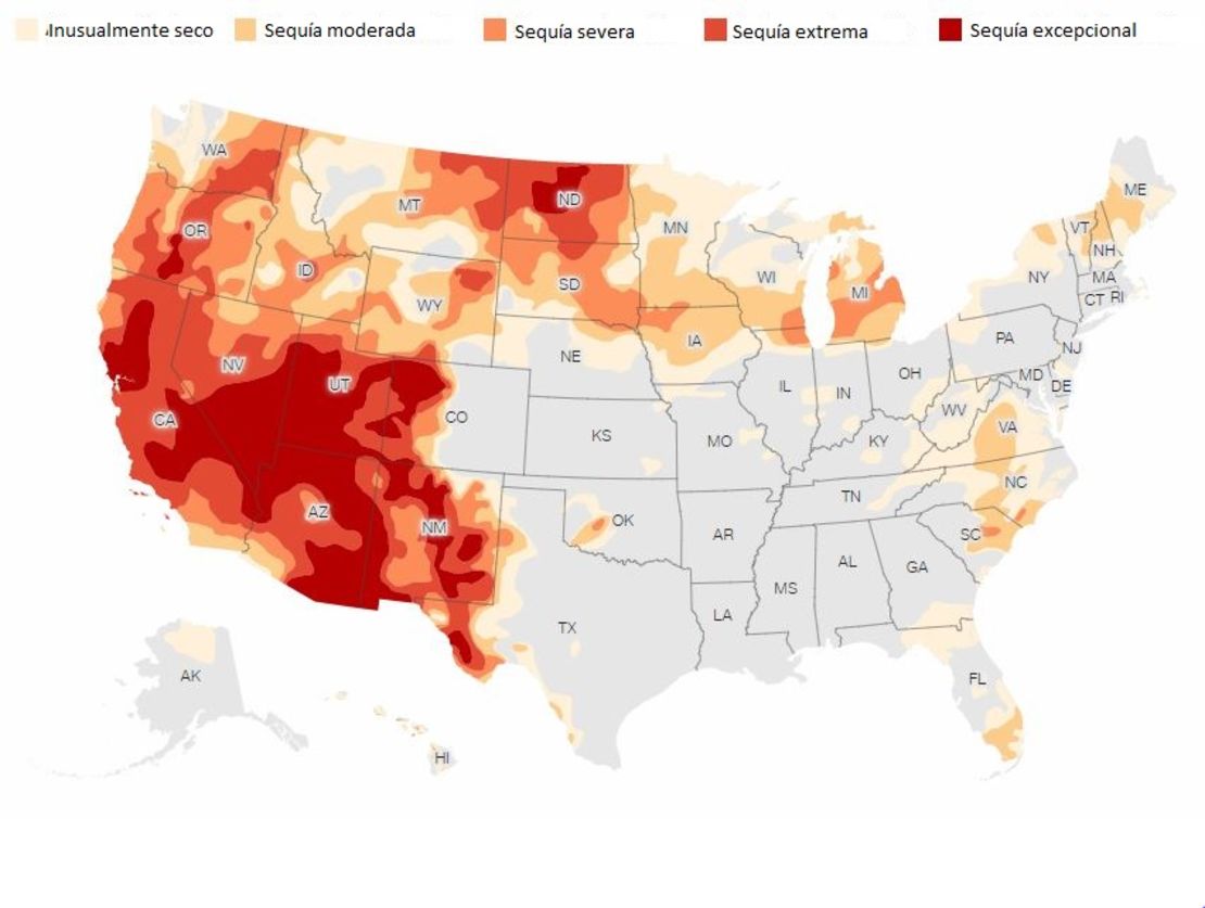 Los datos se comunican semanalmente. Mapa actualizado el jueves 10 de junio y representa el análisis del martes 8 de junio.Fuente: US Drought MonitorGráfico: John Keefe, CNN