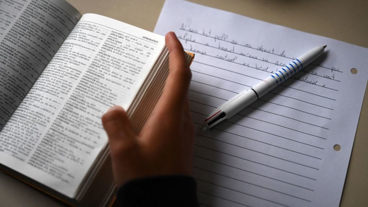 A pupil uses a Breton-French dictionnary during a Breton teaching lesson at a Diwan bilingual school in Le Relecq-Kerhuon, western France on June 17, 2021. - Diwan schools are a federation of Breton-medium schools allowing children to learn French and Breton through language immersion. (Photo by Fred TANNEAU / AFP)