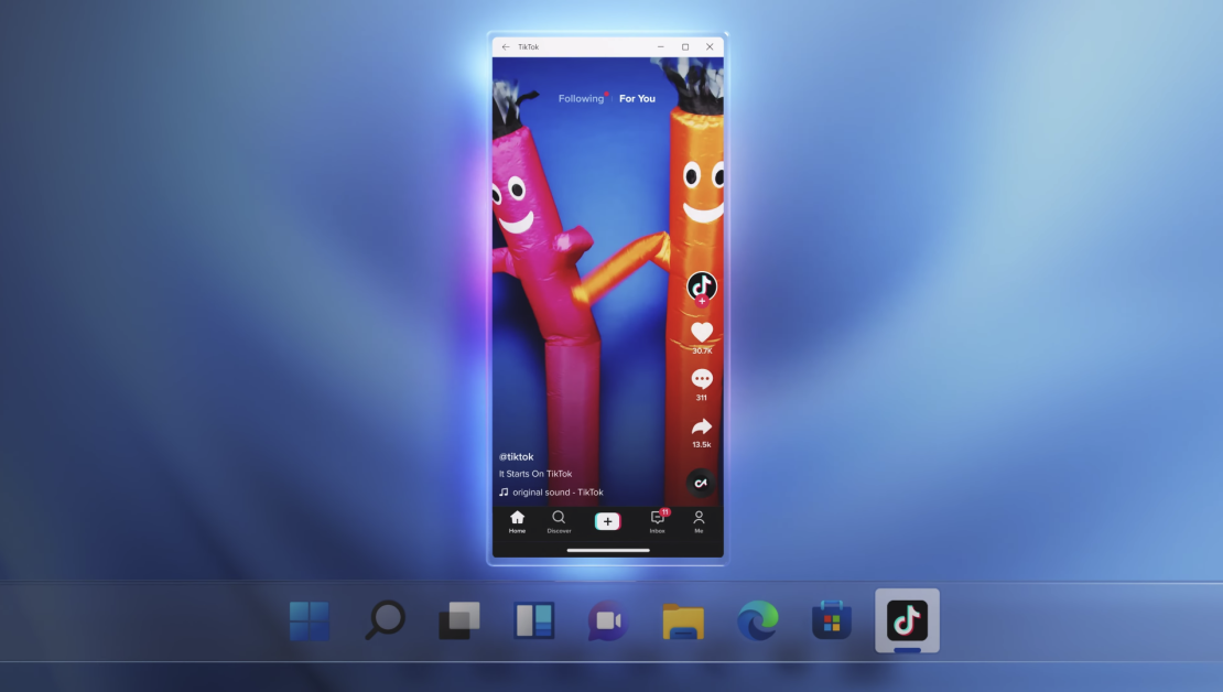 El nuevo diseño de la barra de Inicio y cómo se ve un app de Android, como TikTok, en Windows 11.