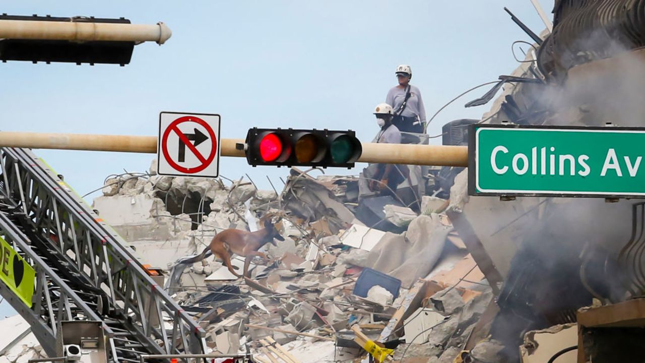 Rescue workers and a dog search for people under the debris from a partially collapsed building in Surfside north of Miami Beach, on June 24, 2021. - A high-rise oceanfront apartment block near Miami Beach partially collapsed early JUNE 24, 2021, killing at least one person and leaving 99 unaccounted for, with fears the toll may rise much higher as rescuers comb through the rubble. (Photo by Eva Marie UZCATEGUI / AFP)