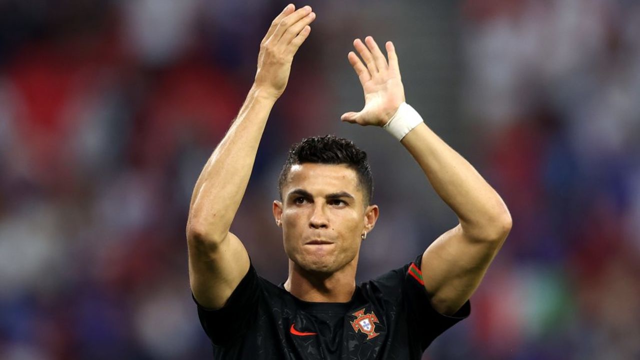 BUDAPEST, HUNGARY - JUNE 23: Cristiano Ronaldo of Portugal applauds fans during the UEFA Euro 2020 Championship Group F match between Portugal and France at Puskas Arena on June 23, 2021 in Budapest, Hungary.