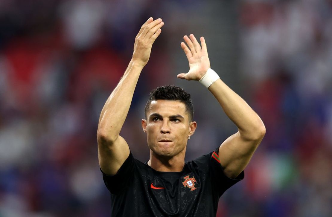 BUDAPEST, HUNGARY - JUNE 23: Cristiano Ronaldo of Portugal applauds fans during the UEFA Euro 2020 Championship Group F match between Portugal and France at Puskas Arena on June 23, 2021 in Budapest, Hungary.