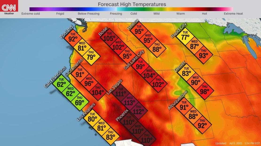 Las temperaturas en el oeste aumentarán durante la semana. Aquí se pueden ver los pronósticos expresados en grados Fahrenheit.