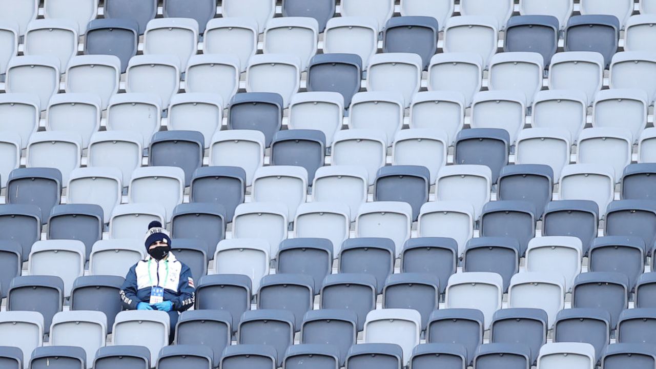 SYDNEY, AUSTRALIA - JULY 03: A member of Bulldogs staff sits in the crowd by himself ready to collect balls during the round 16 NRL match between the Canterbury Bulldogs and the Manly Sea Eagles at Stadium Australia, on July 03, 2021, in Sydney, Australia.