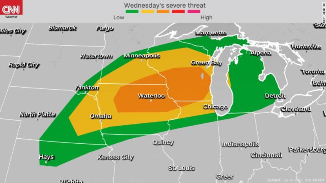 La perspectiva de tiempo severo del Centro de Predicción de Tormentas en el medio oeste desde el miércoles hasta la noche.El riesgo va de bajo (verde) a alto (rojo), de acuerdo con el color.