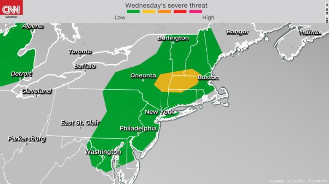 Perspectiva de tiempo severo del Centro de Predicción de Tormentas en el noreste el miércoles.