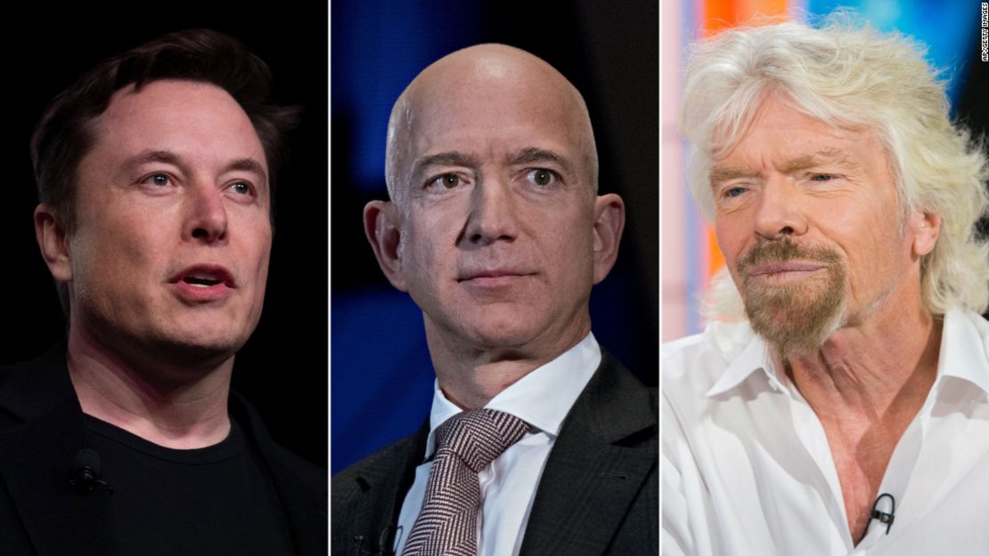 Los multimillonarios y "barones del espacio": Elon Musk, Jeff Bezos y Richard Branson.