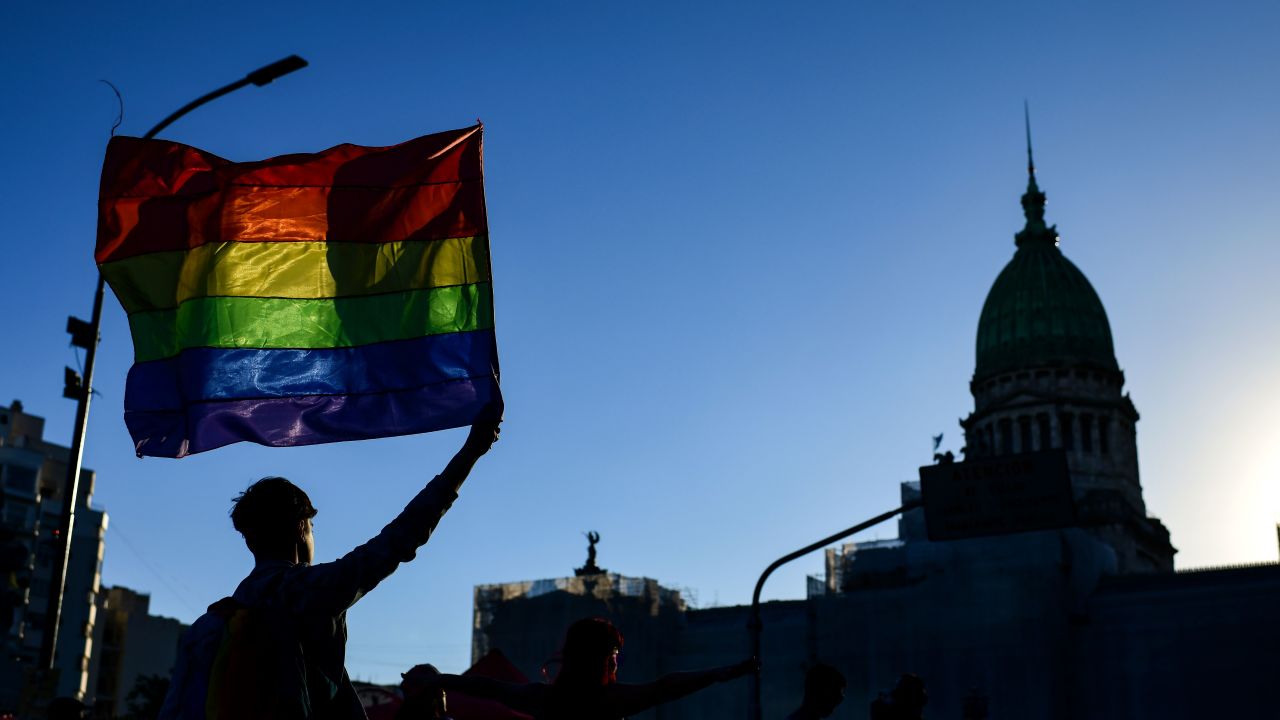 A reveler holds a rainbow flag as he takes part in the Gay Pride Parade in Buenos Aires, on November 2, 2019. (Photo by RONALDO SCHEMIDT / AFP)