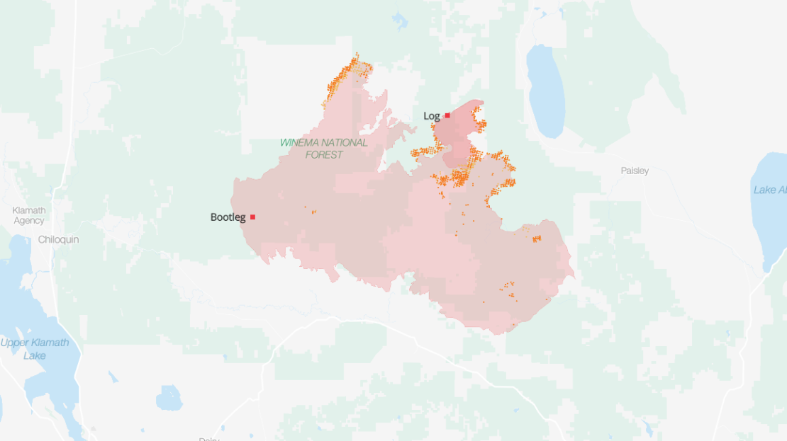 Rojo: Origen del incendio Rojo claro: Perímetro del incendio Naranja: Foco (24 horas) Amarillo: Foco (48 horas)Fuente: National Interagency Fire Center, VIIRS-SNPP, EPA AirNow, Administración Nacional Oceánica y Atmosférica