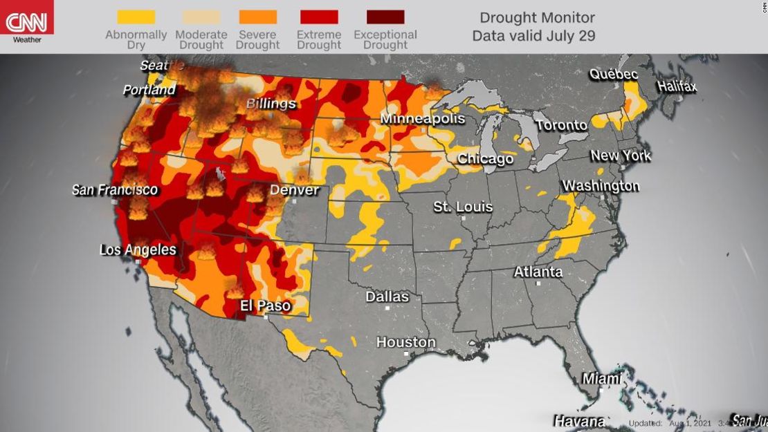 El alcance de la sequía actualmente en Estados Unidos.