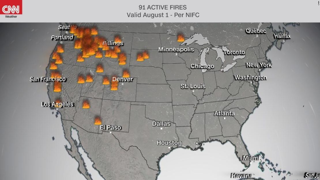 Hasta el 1 de agosto de 2021 había 91 incendios forestales activos en Estados Unidos.