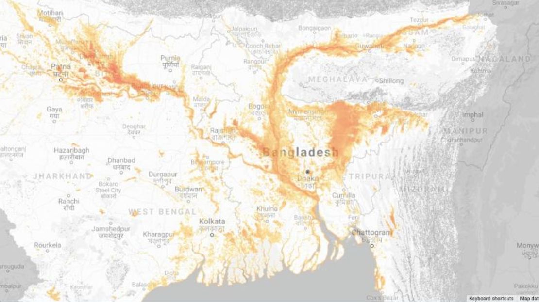 El estudio Cloud to Street mapeó las inundaciones y su duración en todo el mundo. Las lluvias provocaron 86 días de inundaciones en el sur de Asia en 2007, desplazando a millones de personas en India, Nepal, Bután, Pakistán y Bangladesh, según la base de datos mundial de inundaciones de Cloud to Street.