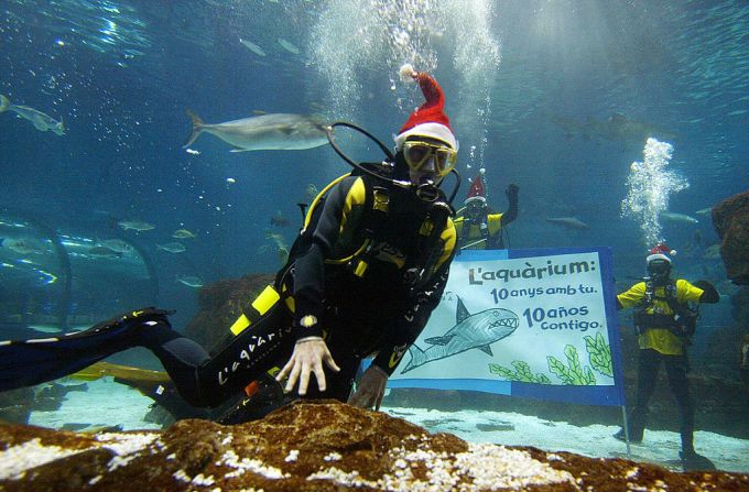 Messi, buceando y con gorro navideño, para la celebración de los 10 años del acuario de Barcelona, en diciembre de 2005.