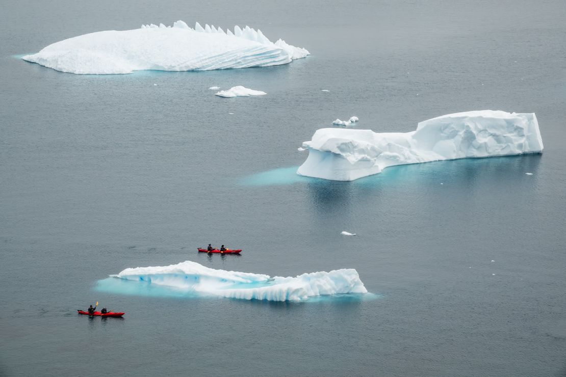 Unos turistas navegan en kayak cerca de los icebergs de la costa de la isla de Cuverville.