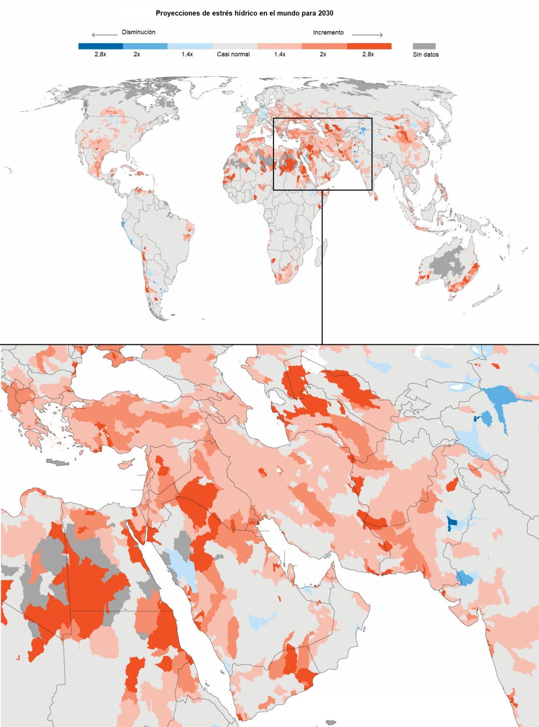 Este mapa muestra las proyecciones de estrés hídrico en el mundo, y en particular en la región del Medio Oriente, para 2030.