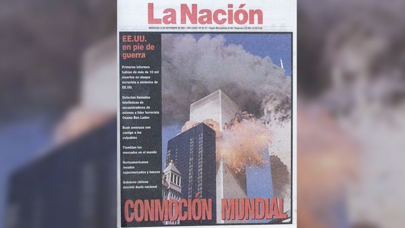 La Nación de Chile, otro de los diarios que eligió una única fotografía impactante para su portada y tituló "Conmoción mundial" tras los ataques terroristas.