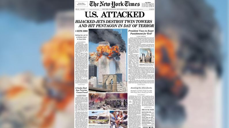 "Estados Unidos atacado", fue el título principal de The New York Times con una de las fotografías icónicas del ataque a las Torres Gemelas.