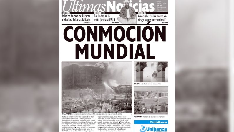 La portada de Últimas Noticias de Venezuela, que habló de "Conmoción Mundial" tras el 11S.