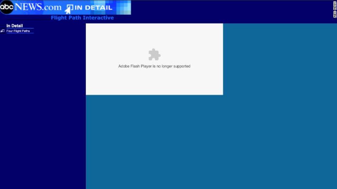 Una pieza interactiva de ABC News en la que se detallaban las trayectorias de vuelo de los aviones que se estrellaron contra el las Torres Gemelas del World Trade Center ya no se puede ver porque estaba construida con Adobe Flash.