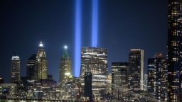 A general view of the city skyline and the 'Tribute in Light' installation commemorating the 9/11 terrorist attacks, in New York on September 10, 2021. (Photo by Ed JONES / AFP)