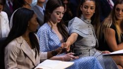 WASHINGTON, DC - SEPTEMBER 15: U.S. gymnasts from left, Simone Biles, McKayla Maroney, Aly Raisman and Maggie Nichols, arrive to testify during a Senate Judiciary hearing about the Inspector General's report on the FBI's handling of the Larry Nassar investigation on Capitol Hill, on September 15, 2021 in Washington, DC. Nassar was charged in 2016 with federal child pornography offenses and sexual abuse charges in Michigan. He is now serving decades in prison after hundreds of girls and women said he sexually abused them under the guise of medical treatment when he worked for Michigan State and Indiana-based USA Gymnastics, which trains Olympians.