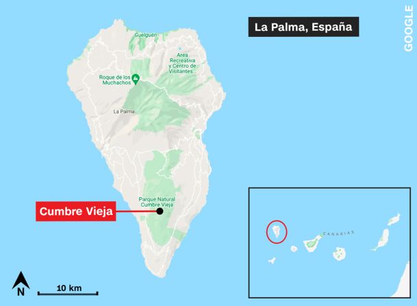 La ubicación del volcán Cumbre Vieja en las Islas Canarias, España.