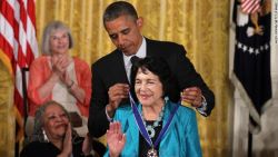 WASHINGTON, DC - MAY 29:  Civil rights and women's advocate Dolores Huerta is presented with a Presidential Medal of Freedom by U.S. President Barack Obama during an East Room event May 29, 2012 at the White House in Washington, DC.  The Medal of Freedom, the nation?s highest civilian honor, is presented to individuals who have made especially meritorious contributions to the security or national interests of the United States, to world peace, or to cultural or other significant public or private endeavors.