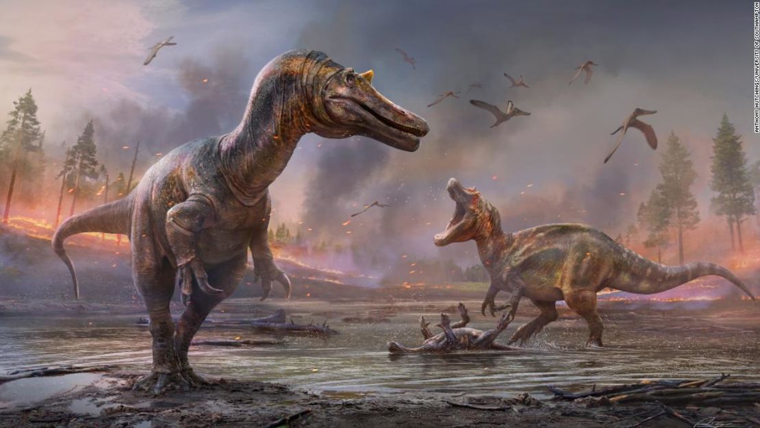 Esta ilustración muestra el aspecto que habrían tenido dos dinosaurios espinosáuridos llamados Ceratosuchops inferodios (primer plano) y Riparovenator milnerae (fondo), hace 125 millones de años.