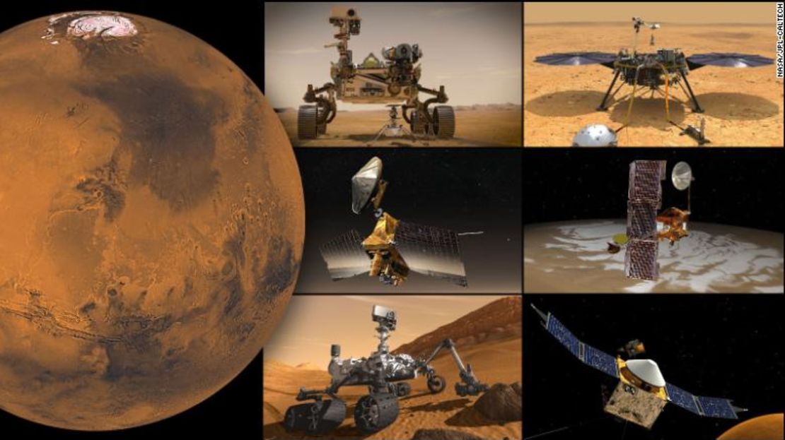 Esta ilustración muestra las misiones activas de la NASA en Marte (en el sentido de las agujas del reloj desde la parte superior izquierda): El rover Perseverance y el helicóptero Ingenuity Mars, el módulo de aterrizaje InSight, el orbitador Odyssey, el orbitador MAVEN, el rover Curiosity y el Mars Reconnaissance Orbiter.