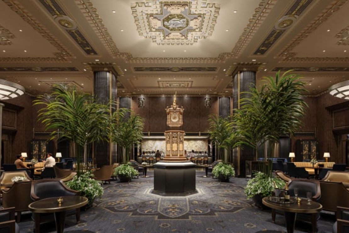 Una representación del vestíbulo restaurado con su famoso reloj del siglo XIX. Crédito: Cortesía del Waldorf Astoria de Nueva York