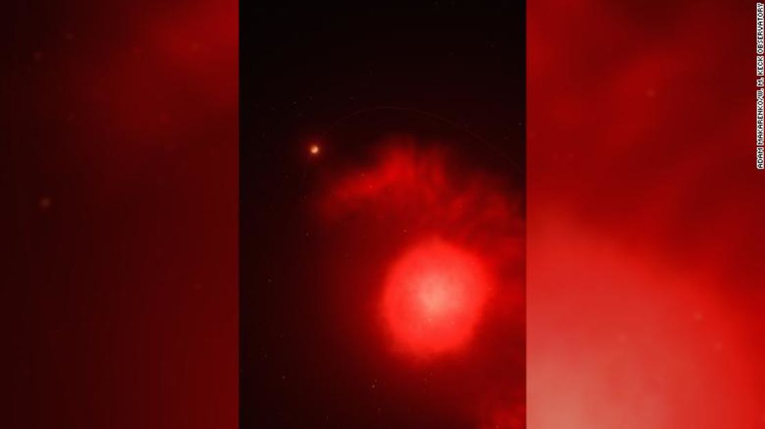 Esta representación artística muestra una estrella que experimenta la fase de gigante roja, cuando quema el remanente de sus combustibles nucleares antes de colapsar sobre sí misma y formar una enana blanca más pequeña y débil.